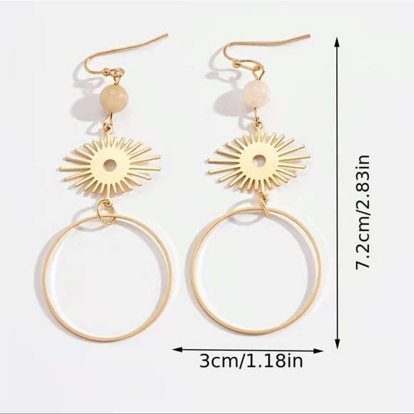 Flower, Water Drop, Arch Geometric Pattern With Natural Stone Dangle Earrings - Picture 4 of 6